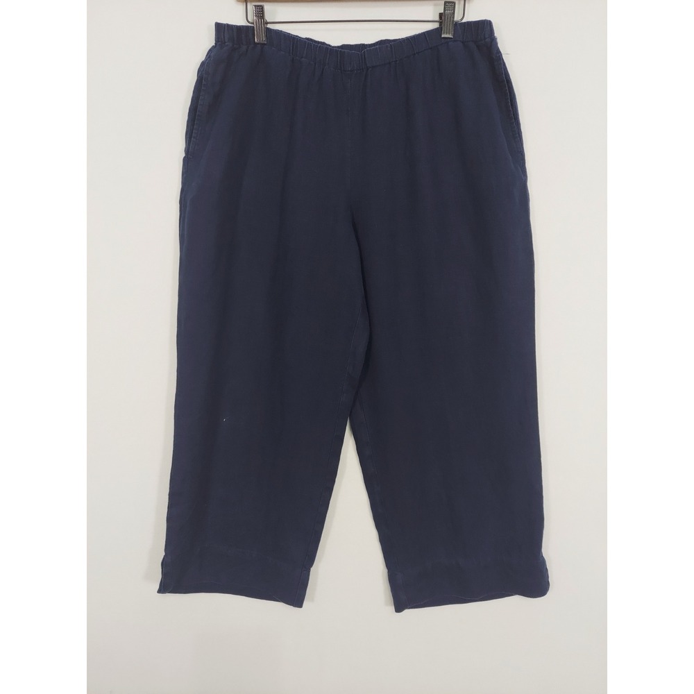 J.Jill Love Linen Pants L Navy Blue Cropped Pull On Elastic Waist Pockets Ankle